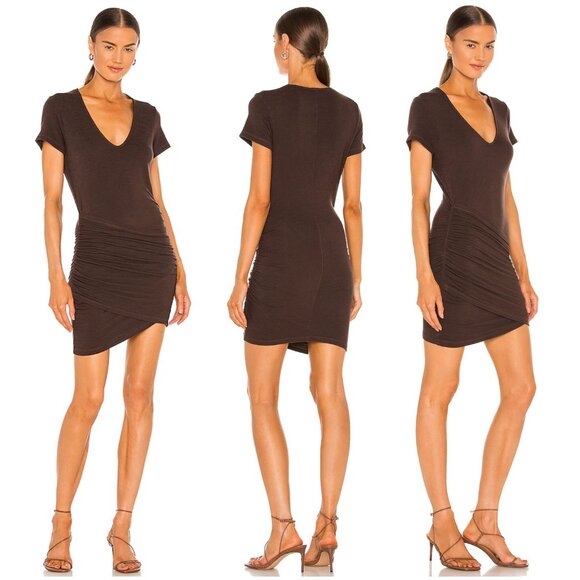 MONROW Supersoft Front Wrap Dress in Cocoa Brown Asymmetrical size M Ruched - Picture 1 of 13